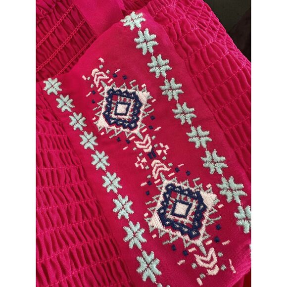 Cherokee Y2k Boho Chic Embroidered Floral Hot Pink Smocked Midi Dress size XS - Picture 4 of 7